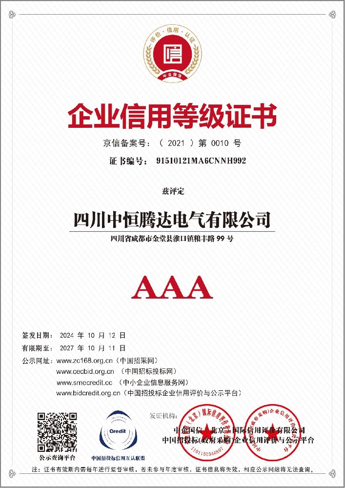 AAA Credit Rating Certificate for Enterprises